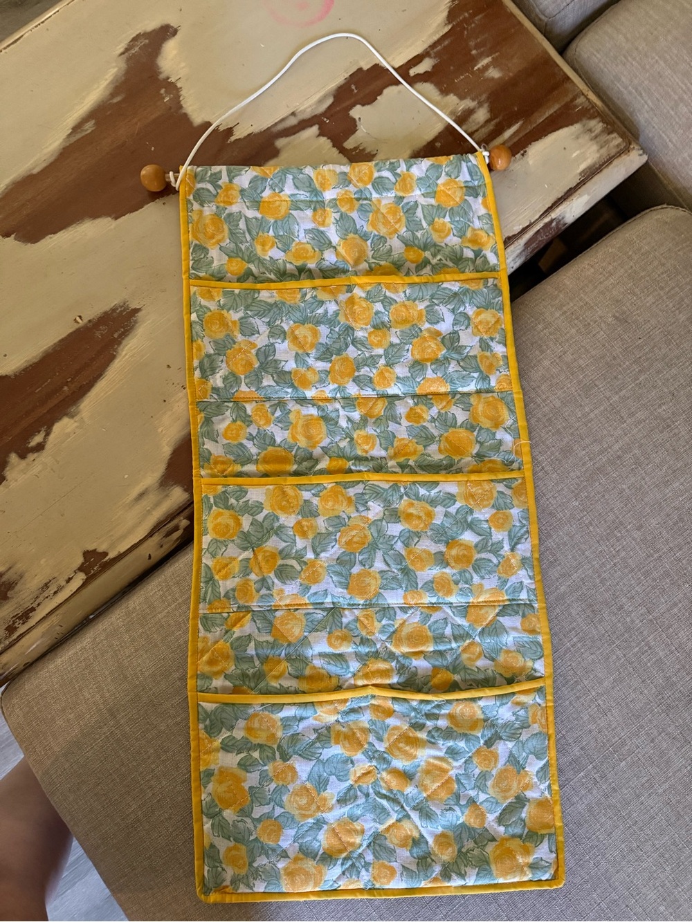Yellow Floral Hanging Jewelry Organizer - Quilted Pocket Design